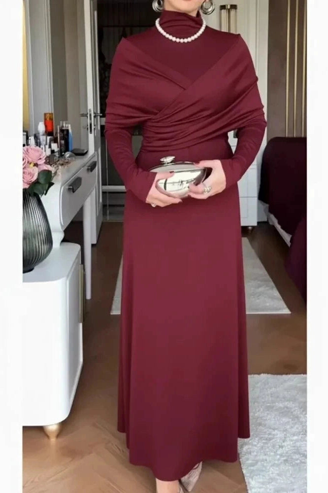 Glorol - Elegant High Waist Long Sleeve Slim Pleated Irregular Maxi Dress