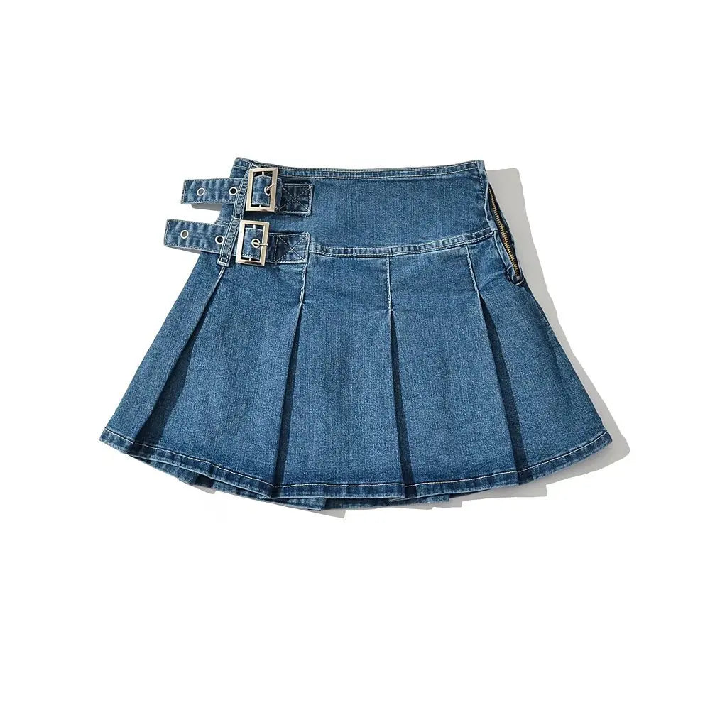Glorol - Pleats Belt High Street Jeans Skirt