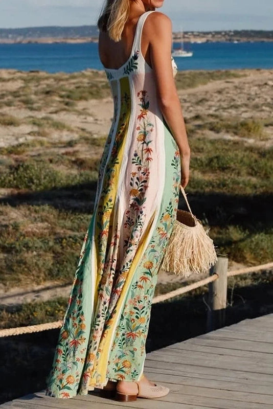 Glorol - Floral Printed Slim High Waist Sleeveless Pleated Maxi Dress