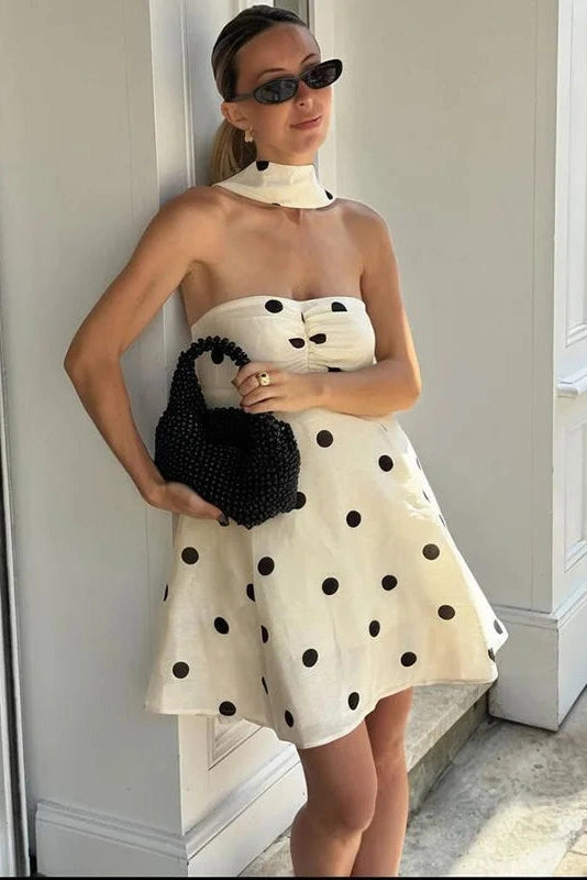 Glorol - Polka Dot Off-Shoulder Backless Pleated Strapless Mini Dress