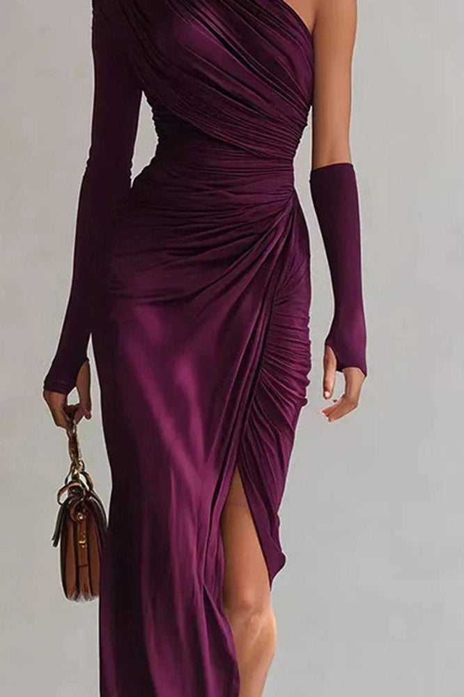 Glorol - Elegant One-Shoulder High Waist Pleated Slim Slash Collar Maxi Dress