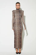 Glorol - Leopard Print Long Sleeve Turtleneck Maxi Dress