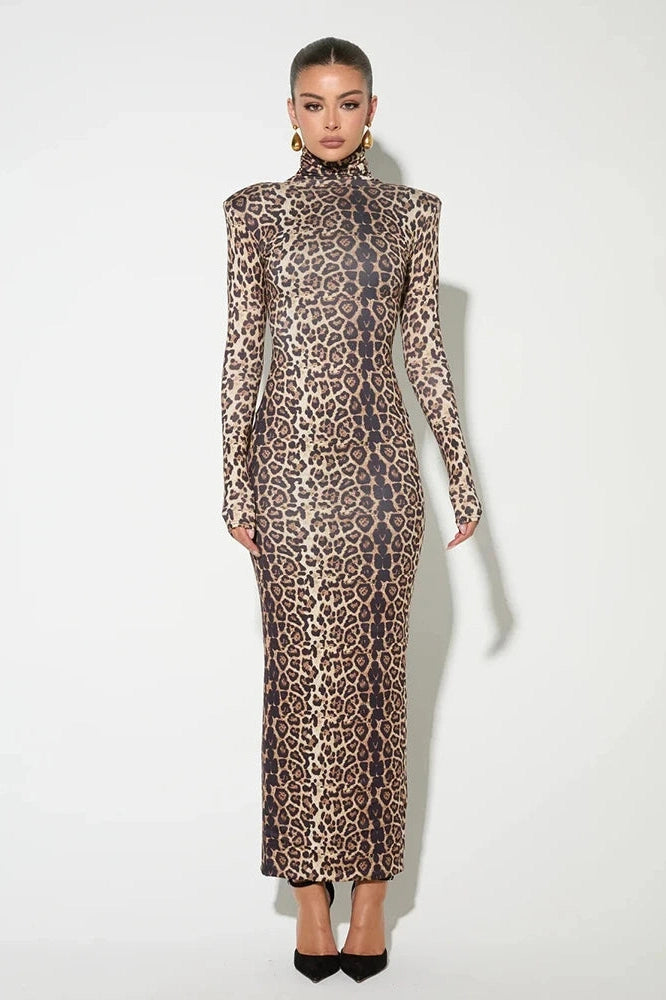 Glorol - Leopard Print Long Sleeve Turtleneck Maxi Dress