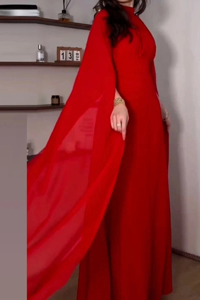 Glorol - Elegant O-Neck Slit Long Sleeve Pleated High Waist Maxi Dress