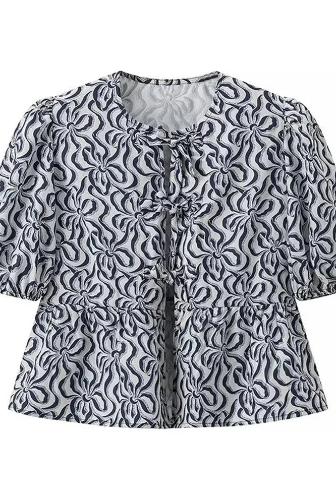 Glorol - Hollow Out Printed Short Sleeve Lace-Up Slim Top