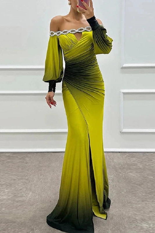 Glorol - Off Shoulder Patchwork High Waist Pleated Slim Sleeves Maxi Dress