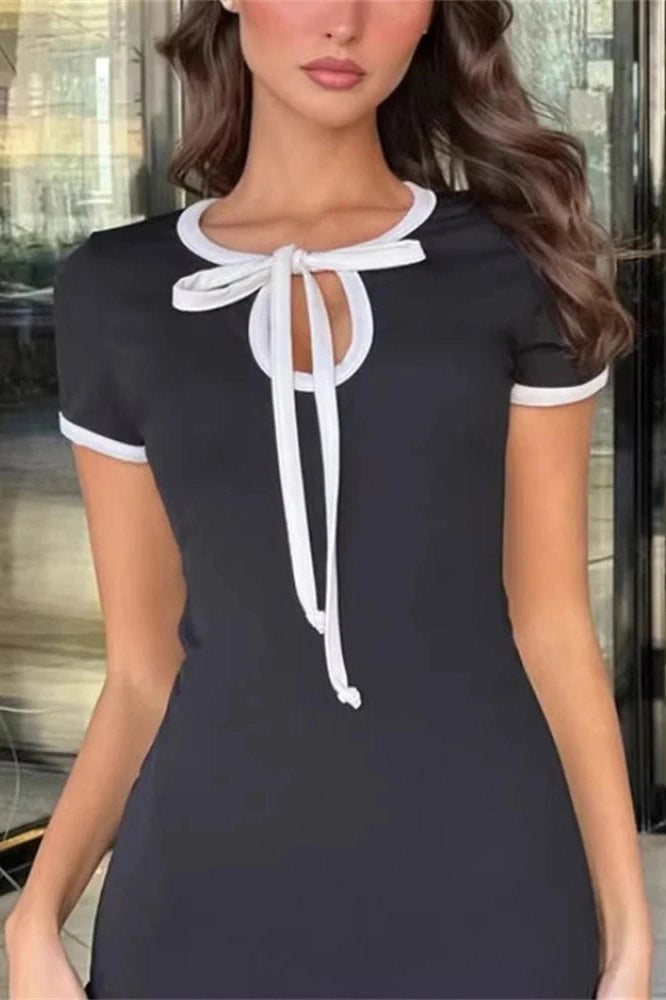 Glorol - Hollow Out Lace-Up Short Sleeve Slim Mini Dress