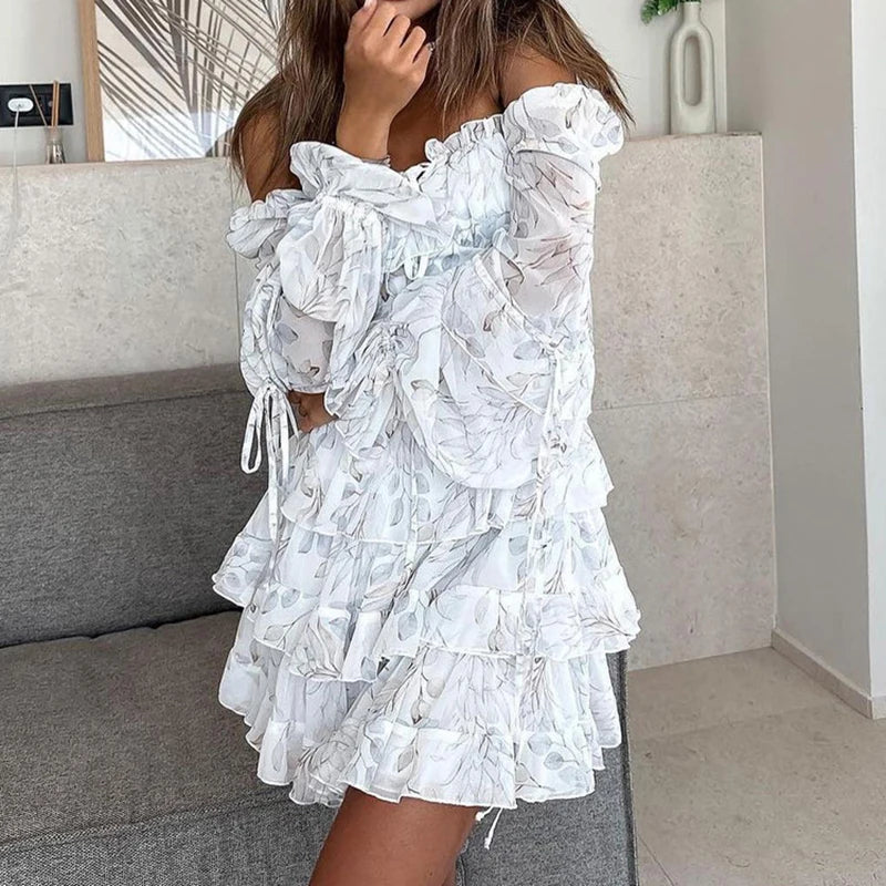 Glorol - Printed Square Collar Long Sleeve Lace-Up Mini Dress