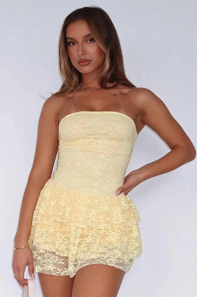 Glorol - Off-Shoulder Strapless Lace Sleeveless High Waist Pleated Mini Dress