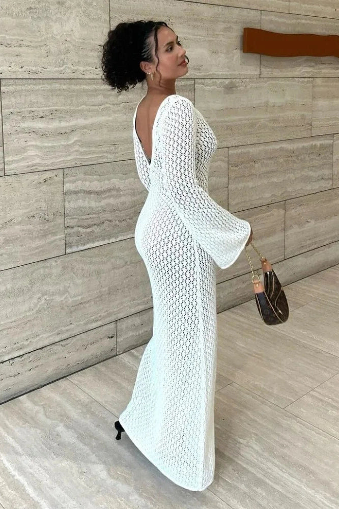 Glorol - See-Through V-Neck Backless Maxi Dress