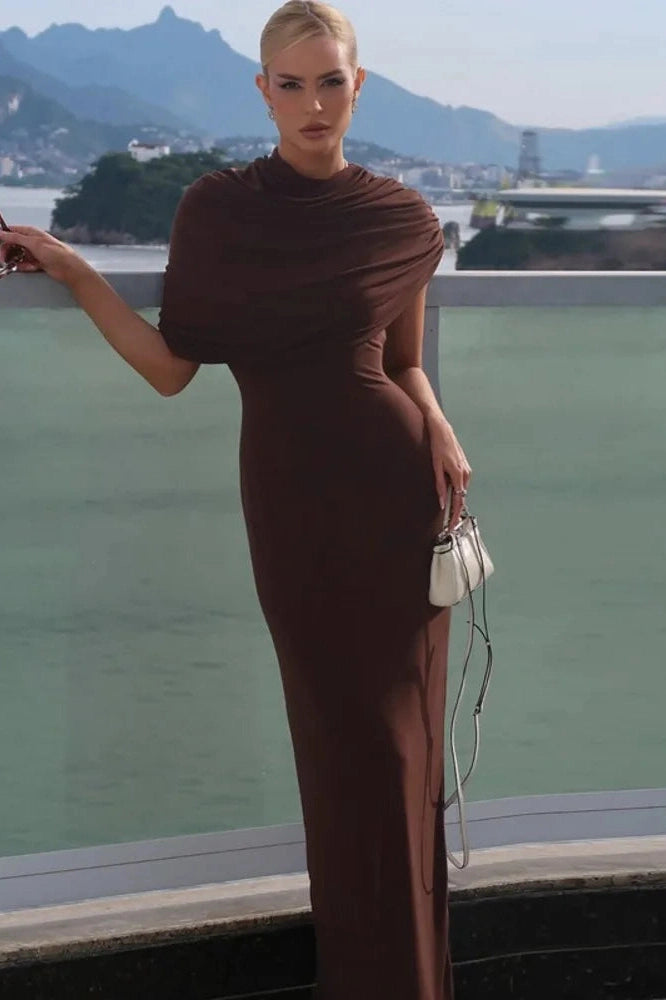 Glorol - Inclined Shoulder Pleated Irregular Maxi Dress