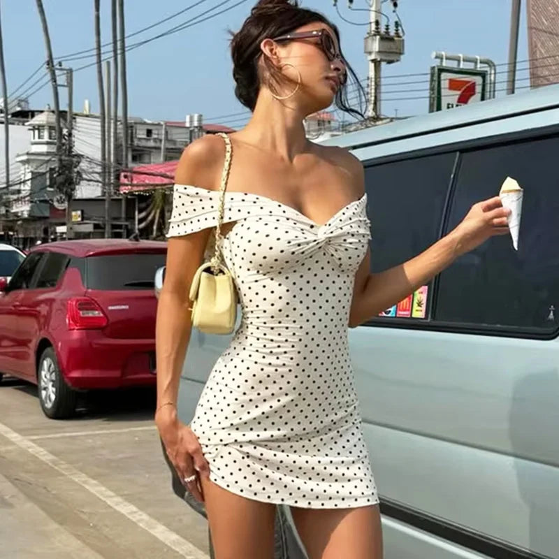 Glorol - Polka Dot Off-Shoulder Backless Mini Dress