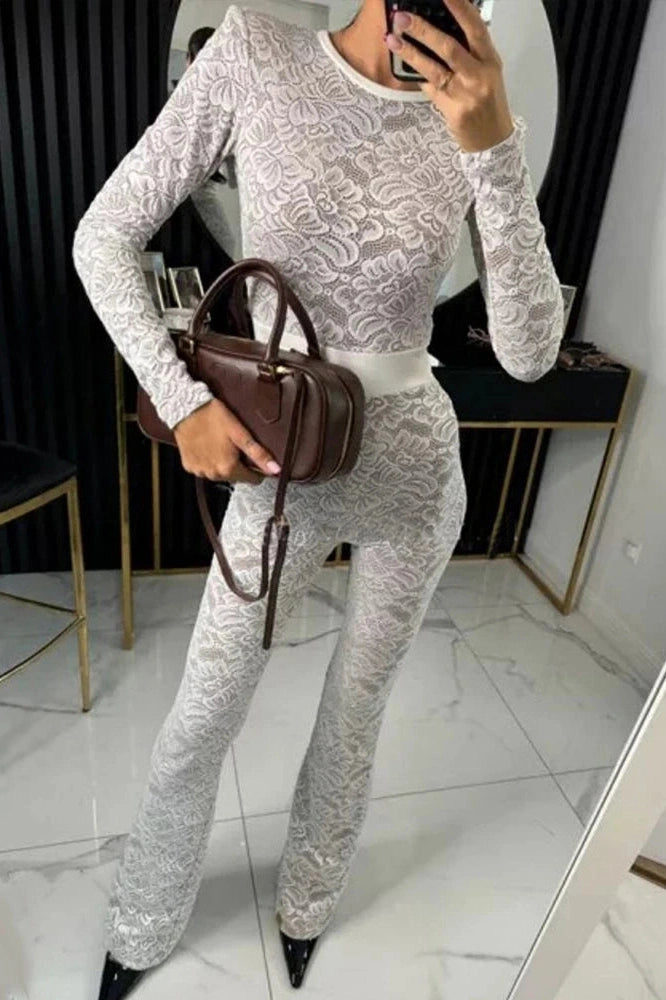 Glorol - Lace Print Long Sleeve Two Layer Jumpsuit