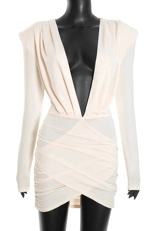 Glorol - Elegant Deep V-Neck Slim Mini Dress
