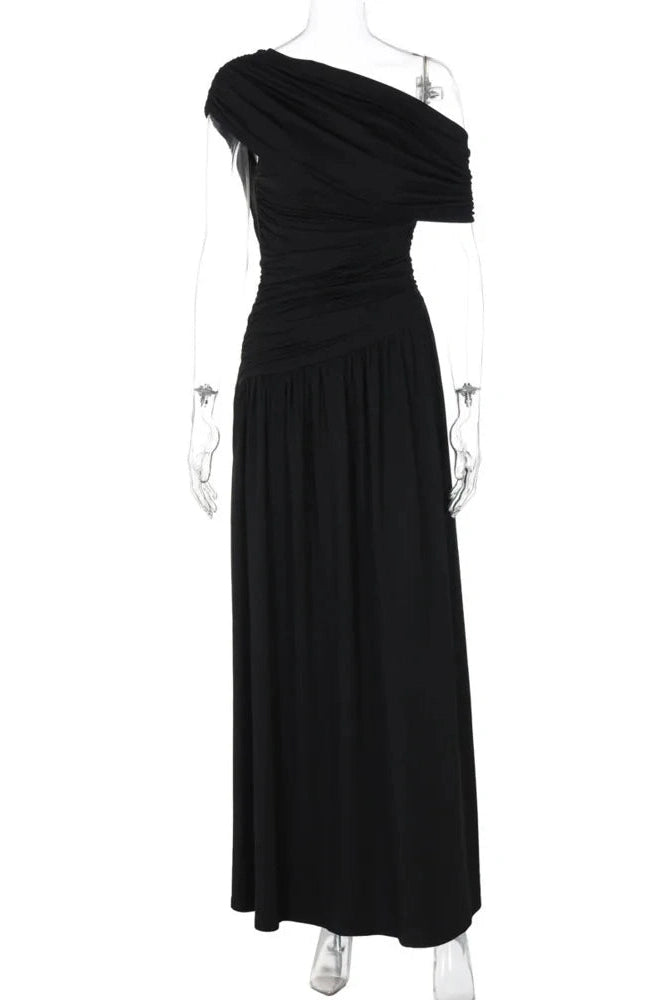 Glorol - Incline Shoulder Backless Sleeveless Pleated Maxi Dress