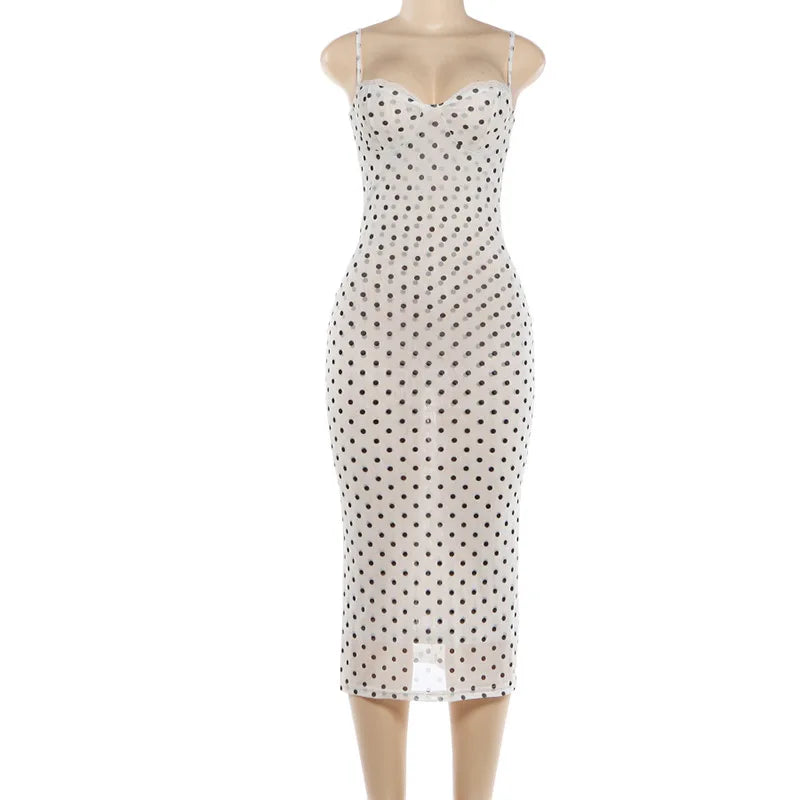 Glorol - Polka Dot Print V-Neck Patchwork Backless Midi Dress