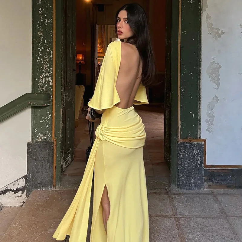 Glorol - Backless Patchwork Lace Up Split Maxi Dress