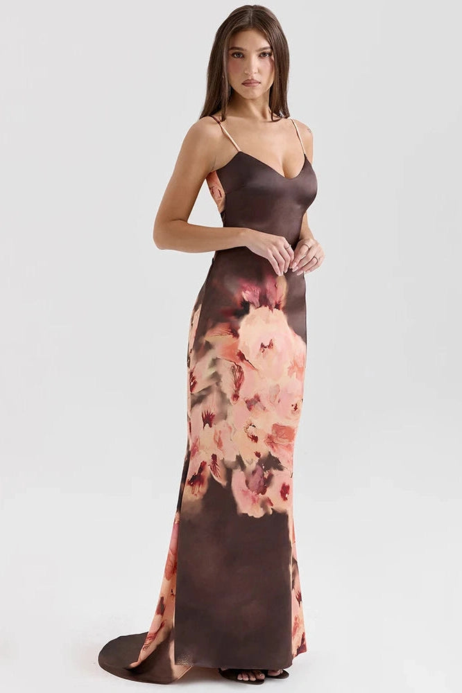 Glorol - Printed Spaghetti Strap Sleeveless Backless Bodycon Maxi Dress