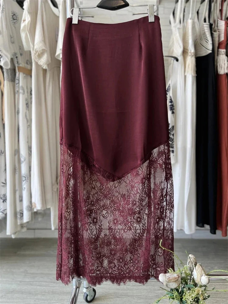 Glorol - High Waist Printed Lace Patchwork See-Through Skirt