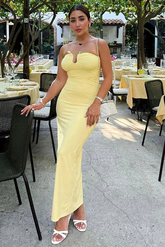 Glorol - Elegant U-Neck Pleated Bodycon Sleeveless Maxi Dress