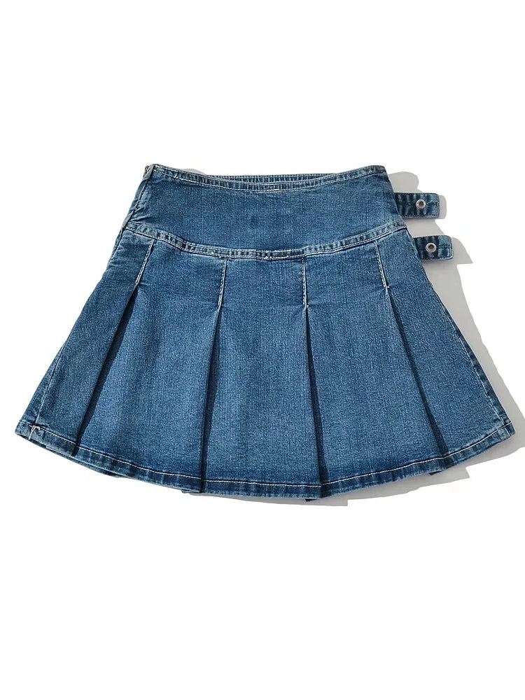 Glorol - Pleats Belt High Street Jeans Skirt