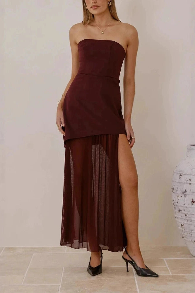 Glorol - Off Shoulder High Waist Slim Sleeveless Pleated Maxi Dress