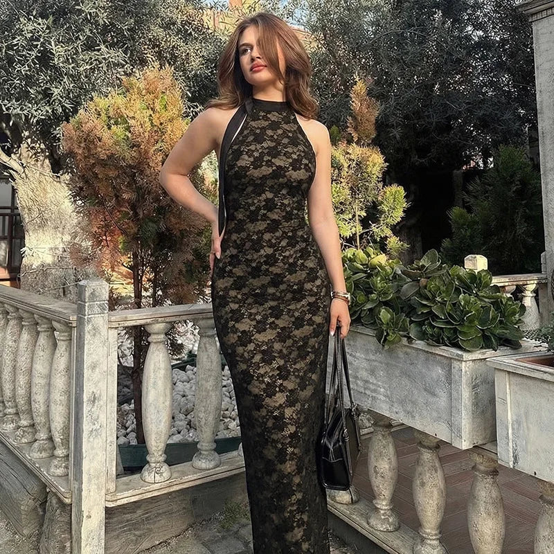Glorol - Lace Backless High Waist Slim Maxi Dress