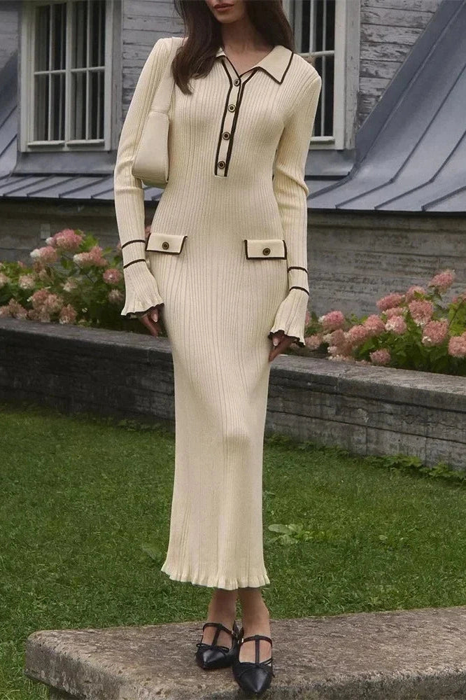 Glorol - Knitted High Waist Long Sleeve Midi Dress