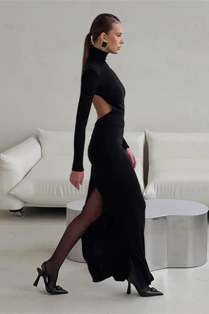Glorol - Backless Turtleneck Patchwork Slim Long Sleeve Maxi Dress