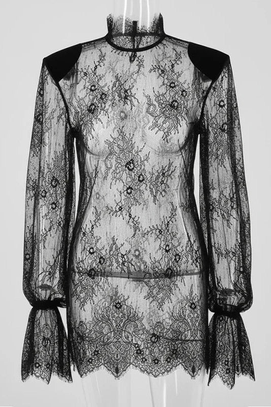 Hollow Patchwork Lace A-Line Long-Sleeved Mini Dress