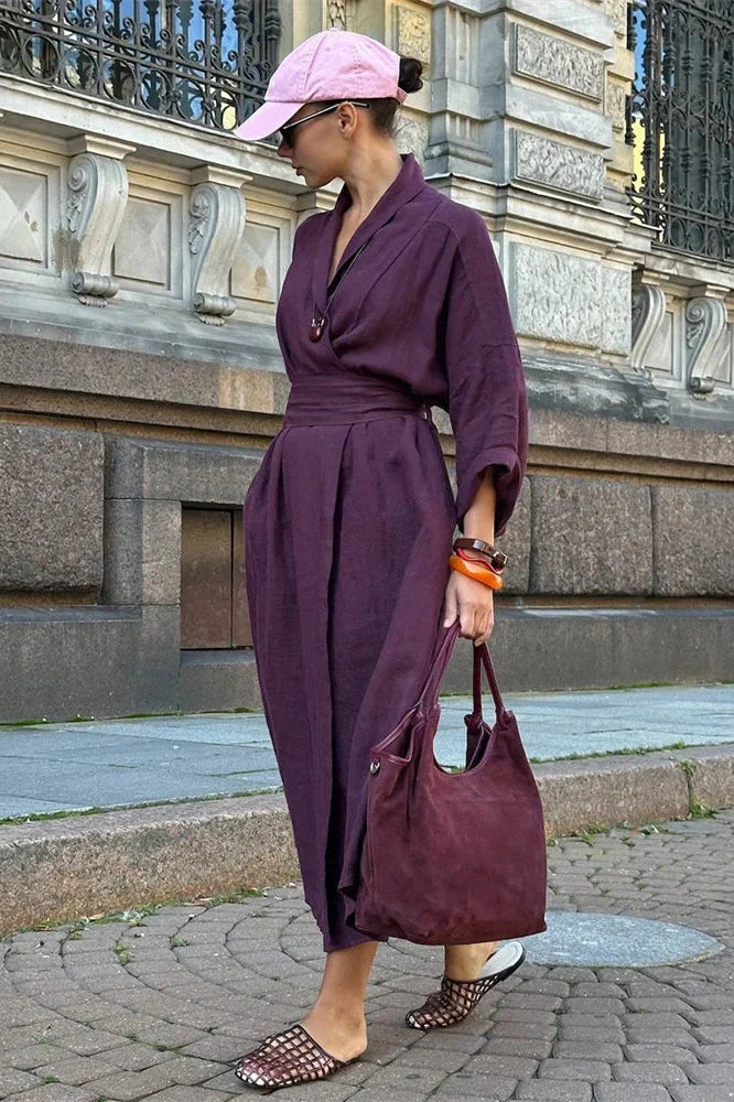 Lace-Up High Waist V-Neck Midi Dress