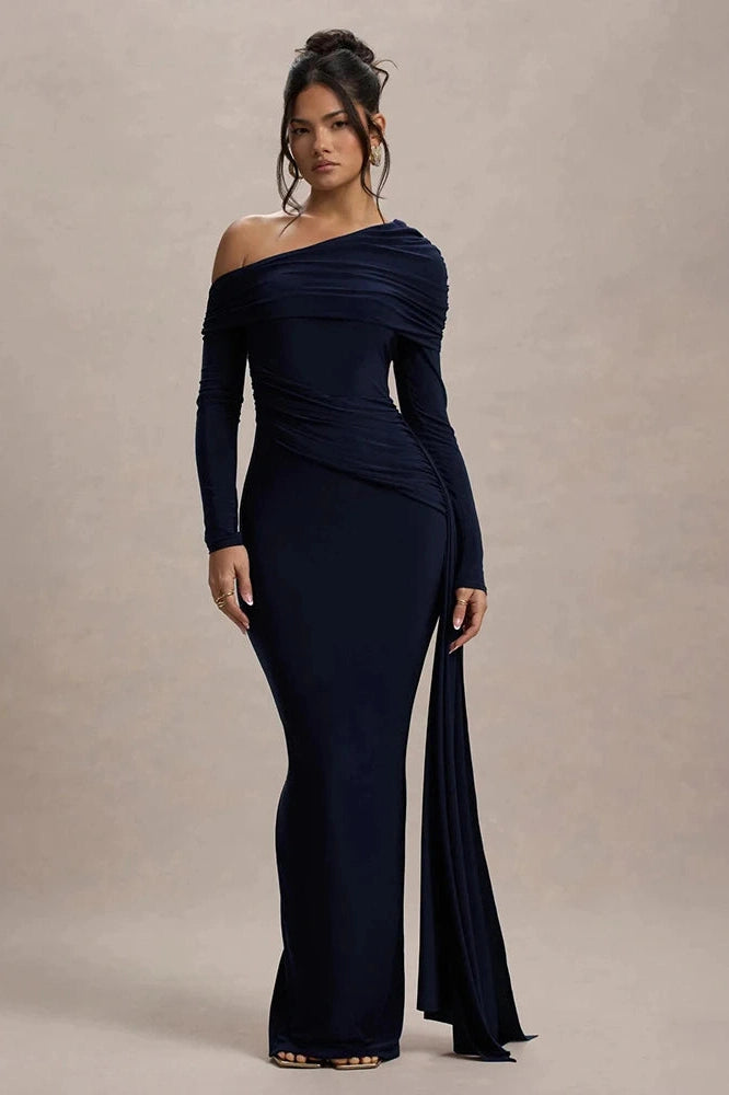 Glorol - Skew Collar Long Sleeve Backless Bodycon Maxi Dress