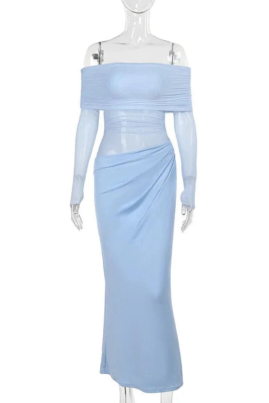 Glorol - Off-shoulder Strapless Long Sleeve See Through Maxi Dress