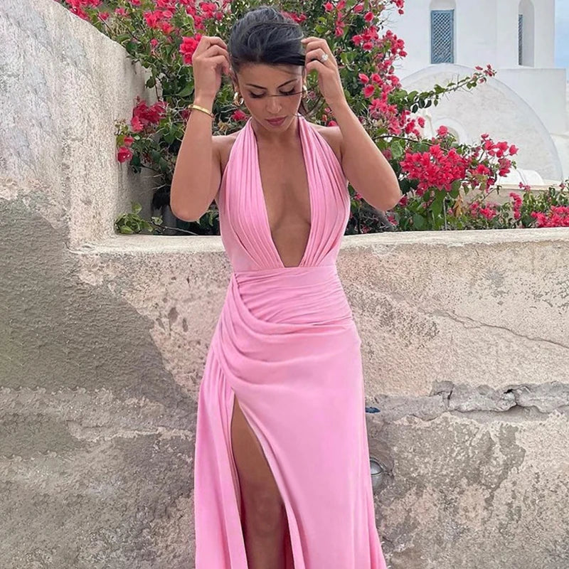 U Neck Backless Slim Maxi Dress