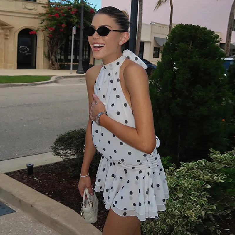 Glorol - Polka Dot Print Backless Lace Up Mini Dress