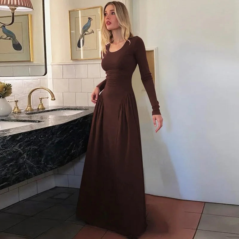 Glorol - Elegant Square Neck Patchwork Long Sleeve Maxi Dress