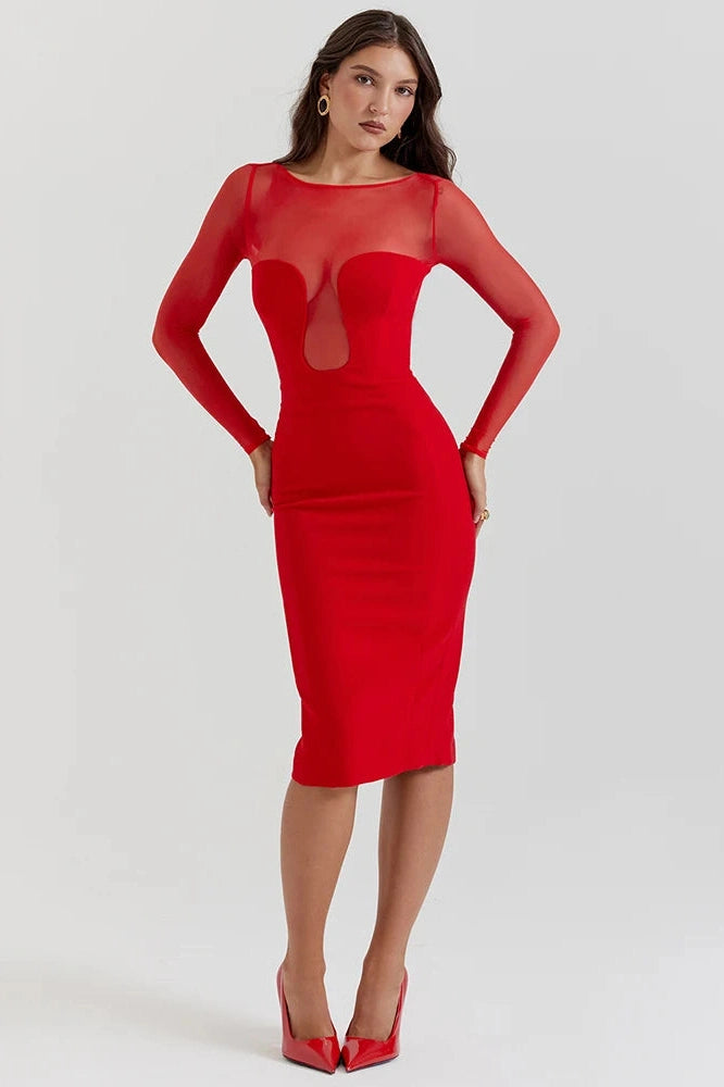 Glorol - Elegant Long Sleeve Strapless Backless Split Bodycon Midi Dress