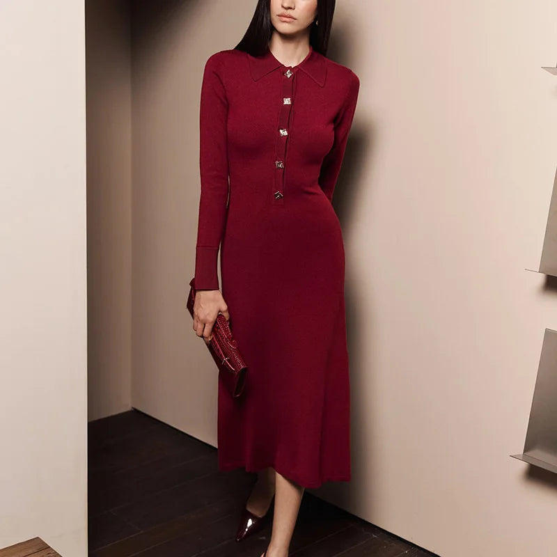 Glorol - Button Lapel Collar High Waisted Long Sleeve Midi Dress