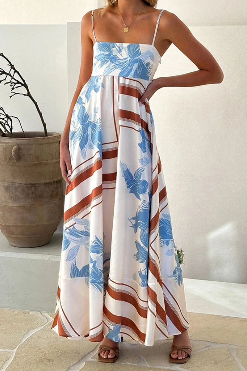 Glorol - Printed Spaghetti Strap Backless A-Line Maxi Dress