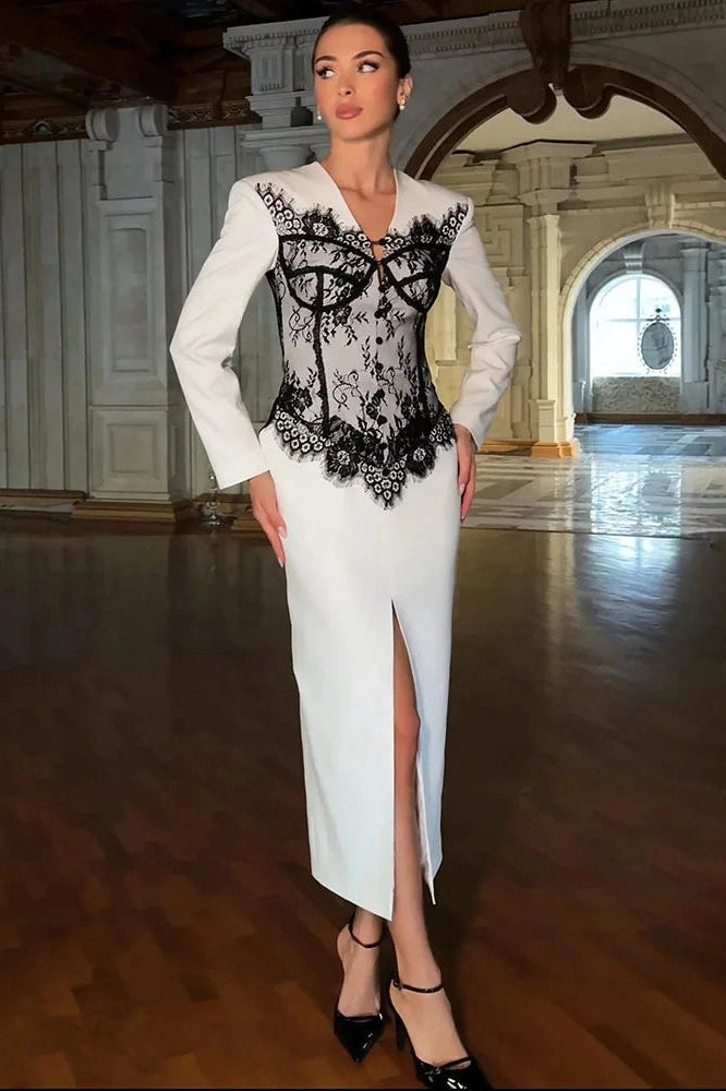 Glorol - Deep V Neck Long Sleeve Lace Patchwork Split Bodycon Maxi Dress
