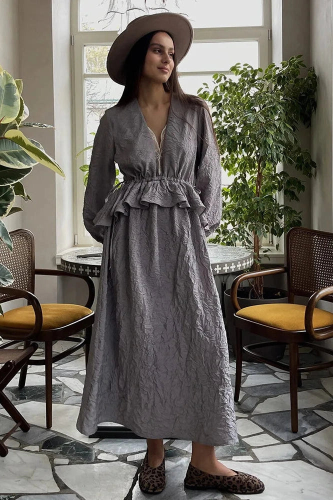 Glorol - Lantern Sleeves Lace V-Neck Midi Dress