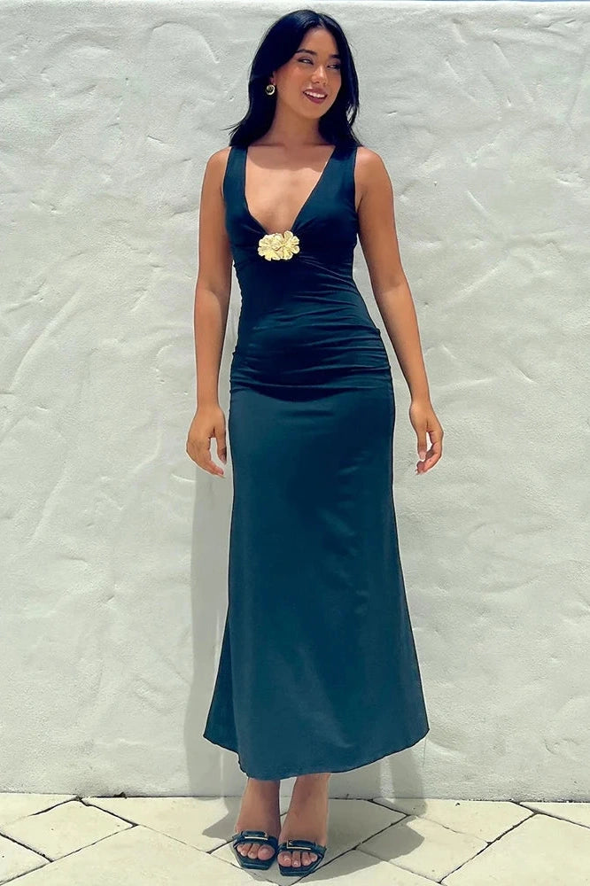 Glorol - Elegant Deep V Neck Sleeveless Slim Fit Maxi Dress