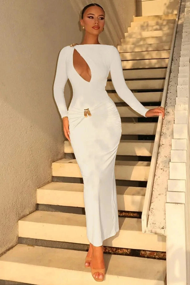 Glorol - Hollow Out Long Sleeve Bodycon Maxi Dress