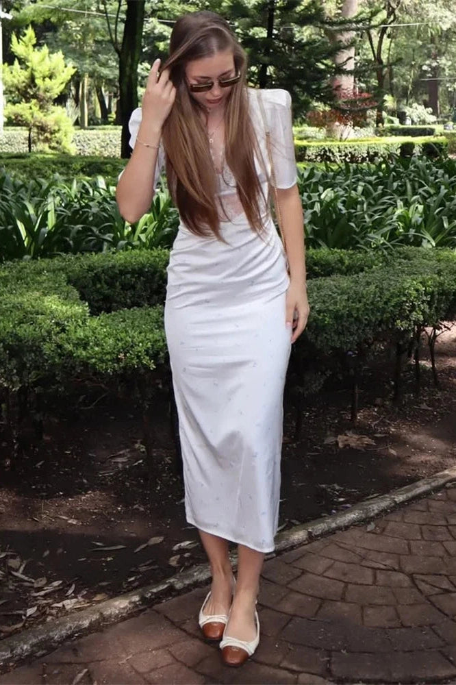 Glorol - Hollow Out V-Neck Lace Short Sleeve Patchwork Maxi Dress