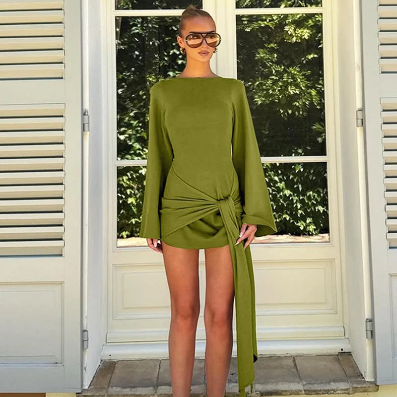 Glorol - Long Sleeve Patchwork Round Neck High Waist Mini Dress