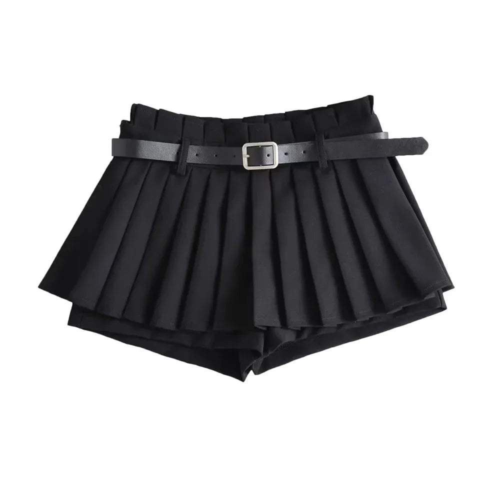 Glorol - Low Waist Pleated Belt Skirt
