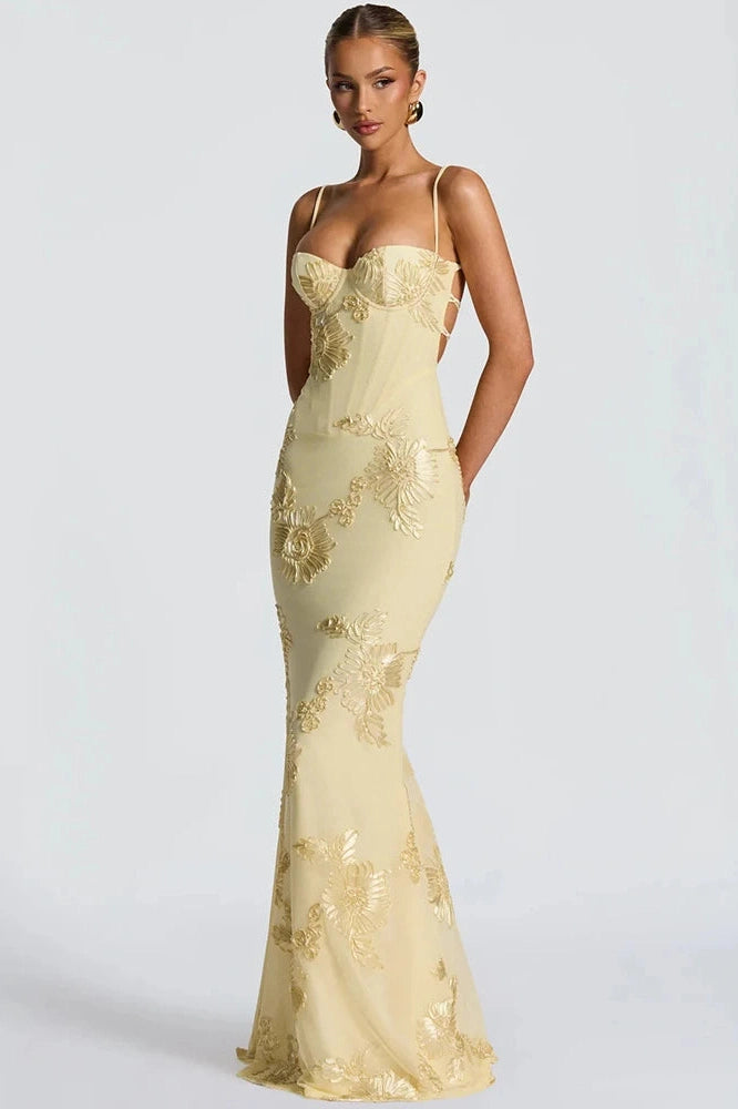 Glorol - Spaghetti Strap Printed Sleeveless Backless Bodycon Maxi Dress
