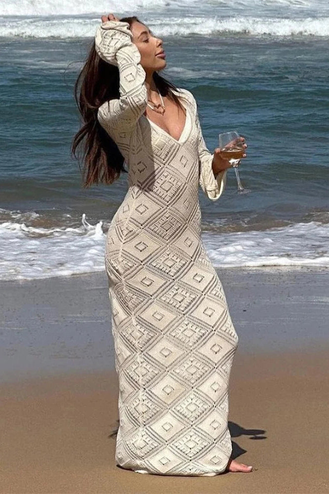 Glorol - See-Through Loose Flared Sleeve Backless V-Neck Maxi Dress