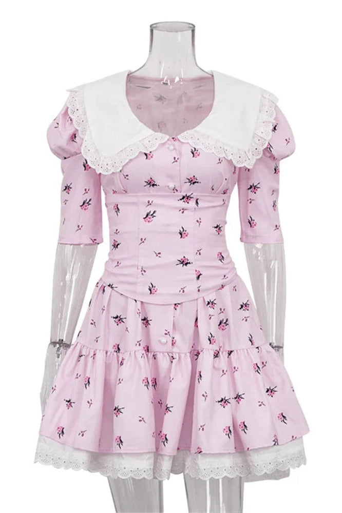 Glorol - Printed Patchwork V-Neck Short Sleeve Slim Mini Dress