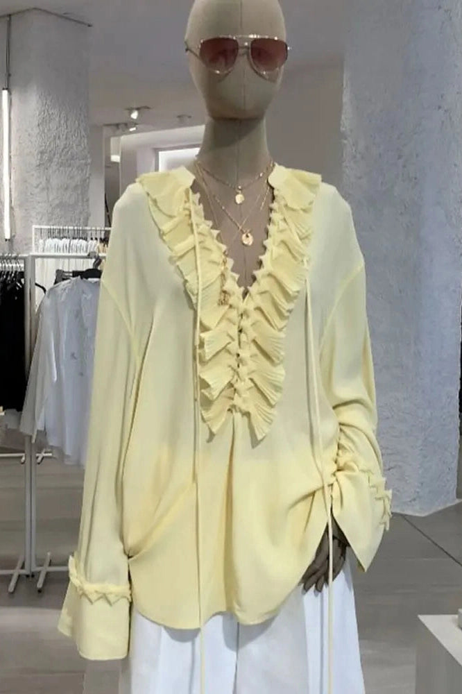 Glorol - Lace-Up See-Through V-Neck Long Sleeve Loose Top